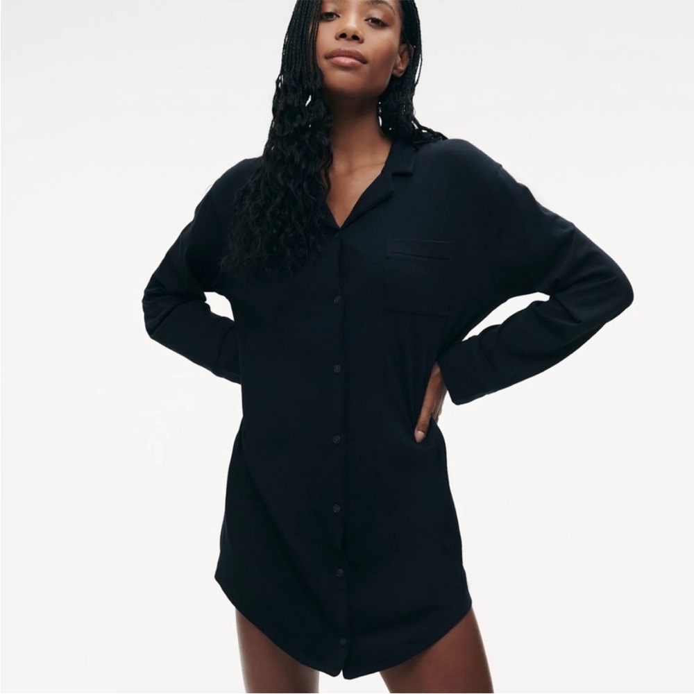 Naadam Women's Pajama (PJ) Button Up Dress Black Loungewear 96% Modal Size Small